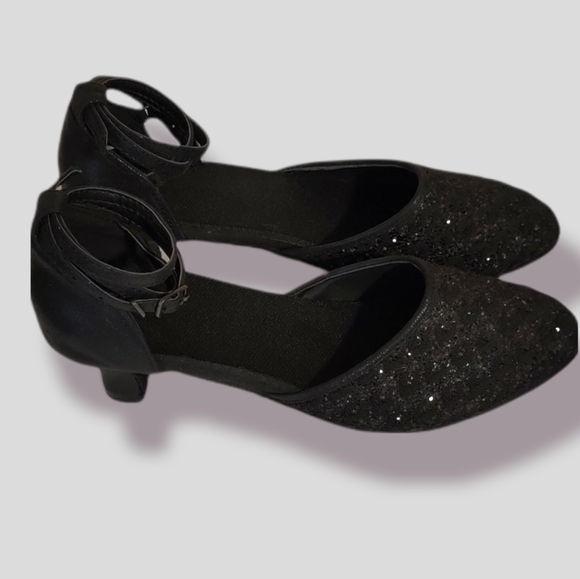 Italian Small Heel Sparkly Black Dance Shoes with Ankle Strap and Buckle - Picture 3 of 9